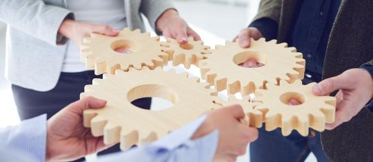 sechs Hände halten hölzerne Zahnräder - Adobe Stock - Studio Romantic